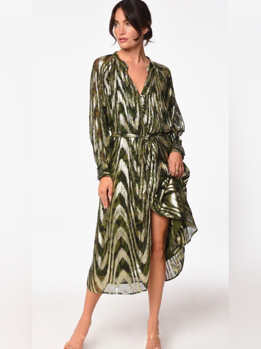 NWT Ciebon Olive and Gold Metallic Midi Dress with Self-Tie Waist and Pockets